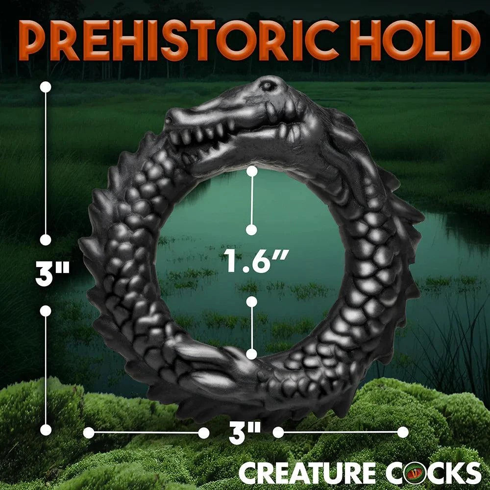 Creature Cocks Black Caiman Silicone Cock Ring with playful caiman design, 3.3 inches long, body-safe silicone.