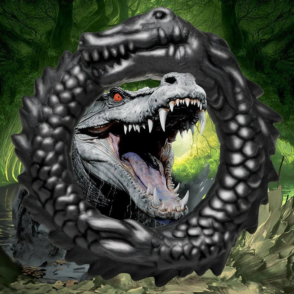 Creature Cocks Black Caiman Silicone Cock Ring with caiman design, ridges, and bumps.