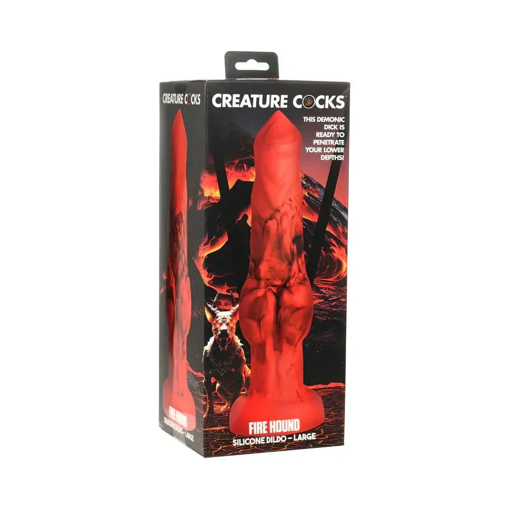 Creature Cocks Fire Hound Silicone Dildo Large in packaging with fiery design.