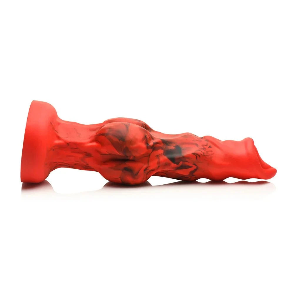 Creature Cocks Fire Hound Silicone Dildo Large with red and black design, tapered tip, wide base, and bulging knots for enhanced stimulation.