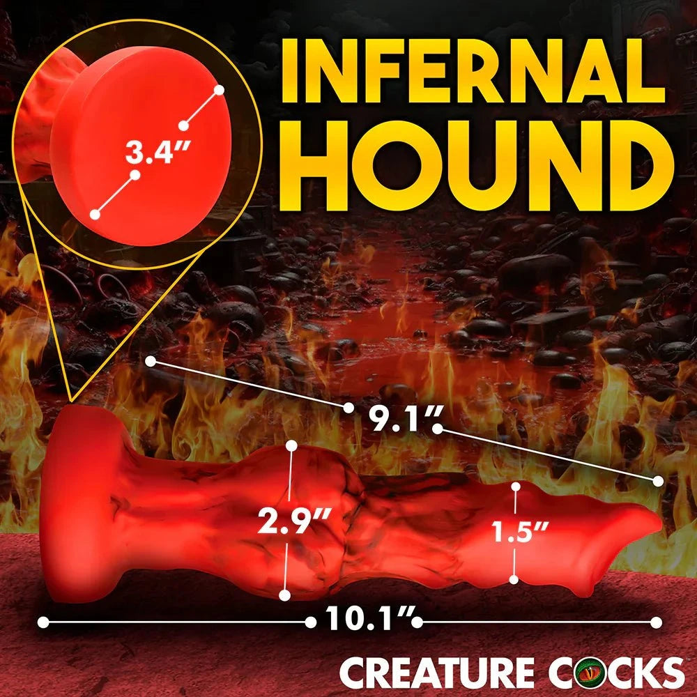 Creature Cocks Fire Hound Silicone Dildo Large with red and black design, 10.1-inch length, fantasy-themed adult toy.