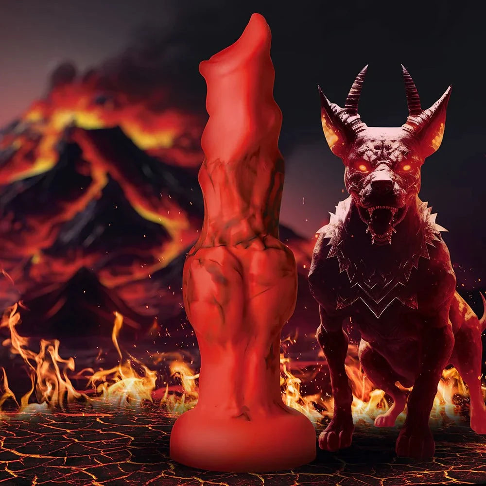 Creature Cocks Fire Hound Silicone Dildo Large in fiery red with smoky black accents amidst a fantasy landscape featuring a fire hound creature.