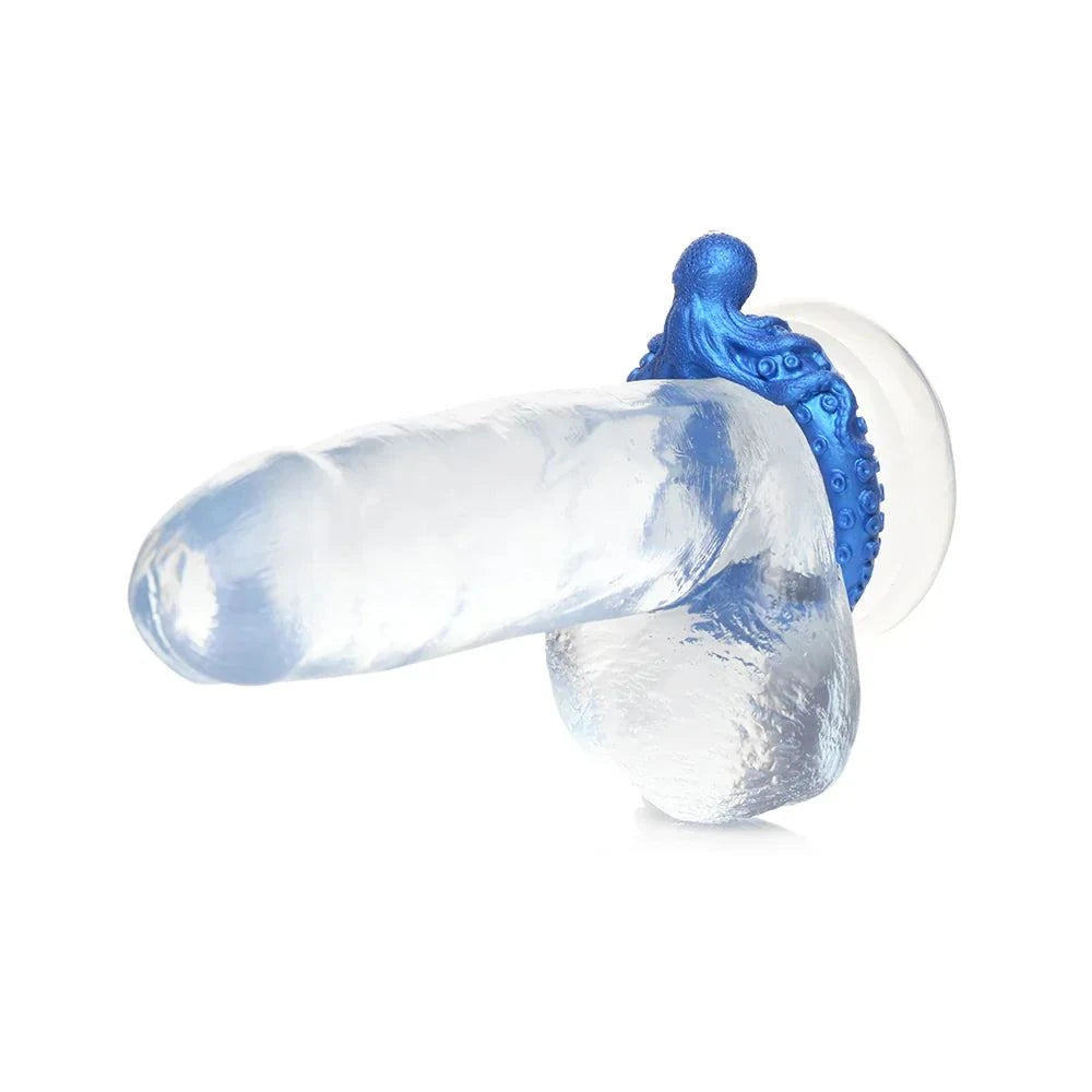Blue Poseidon's Octo-Ring Silicone Cock Ring with octopus design on transparent model.