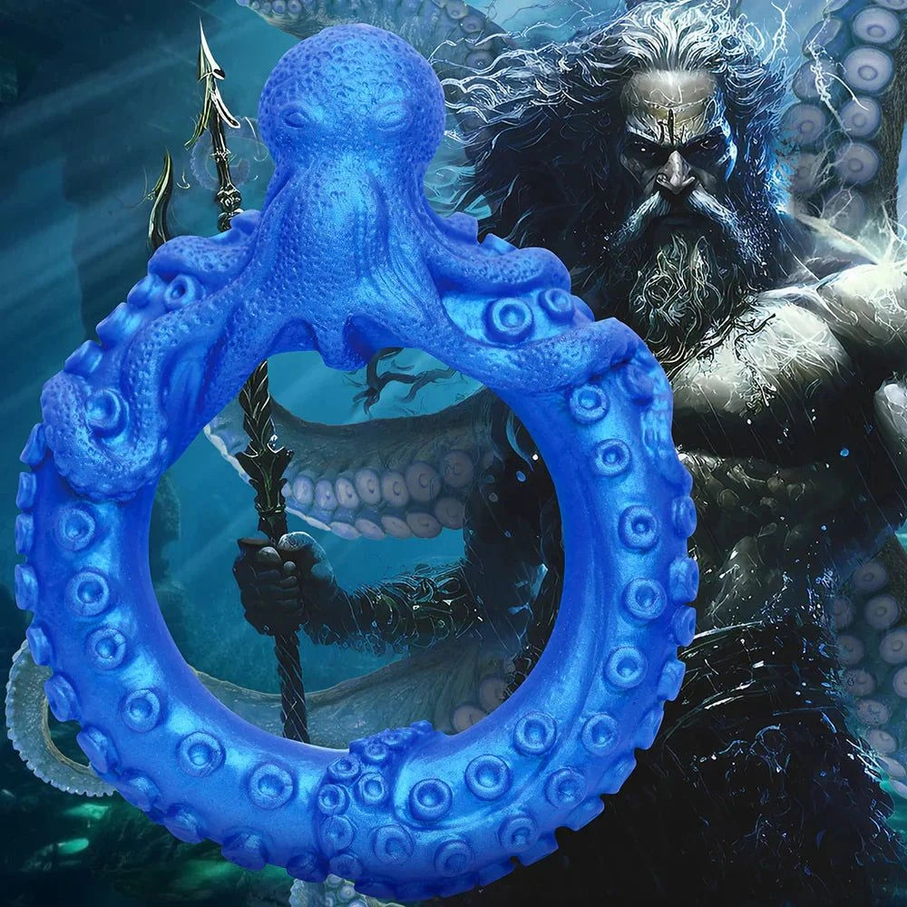 Blue silicone octopus cock ring with tentacle design for enhanced pleasure.
