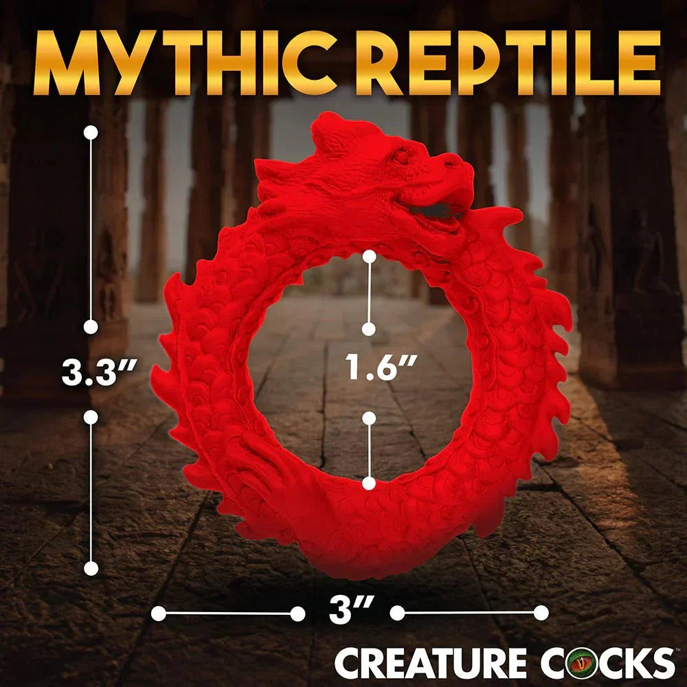 Red dragon-shaped silicone cock ring with detailed scales and mythical design, measuring 3.3 by 3 inches, Creature Cocks Rise of the Dragon.
