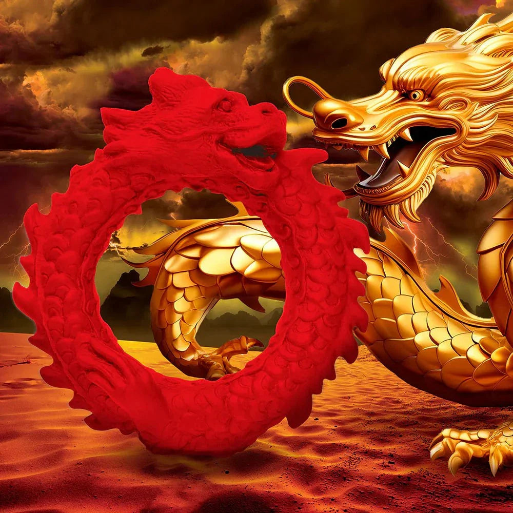 Red silicone cock ring with dragon design against a fiery background, Creature Cocks Rise of the Dragon style