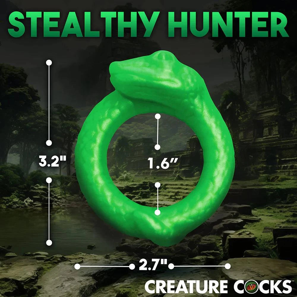 Creature Cocks Serpentine Silicone Cock Ring, green snake design, body-safe silicone, 3.2x2.7 inches, enhances erotic play.