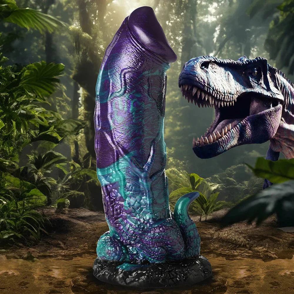 Creature Cocks XL Dino Dick Dinosaur Silicone Dildo with glittering blues, blacks, purples, and teals.