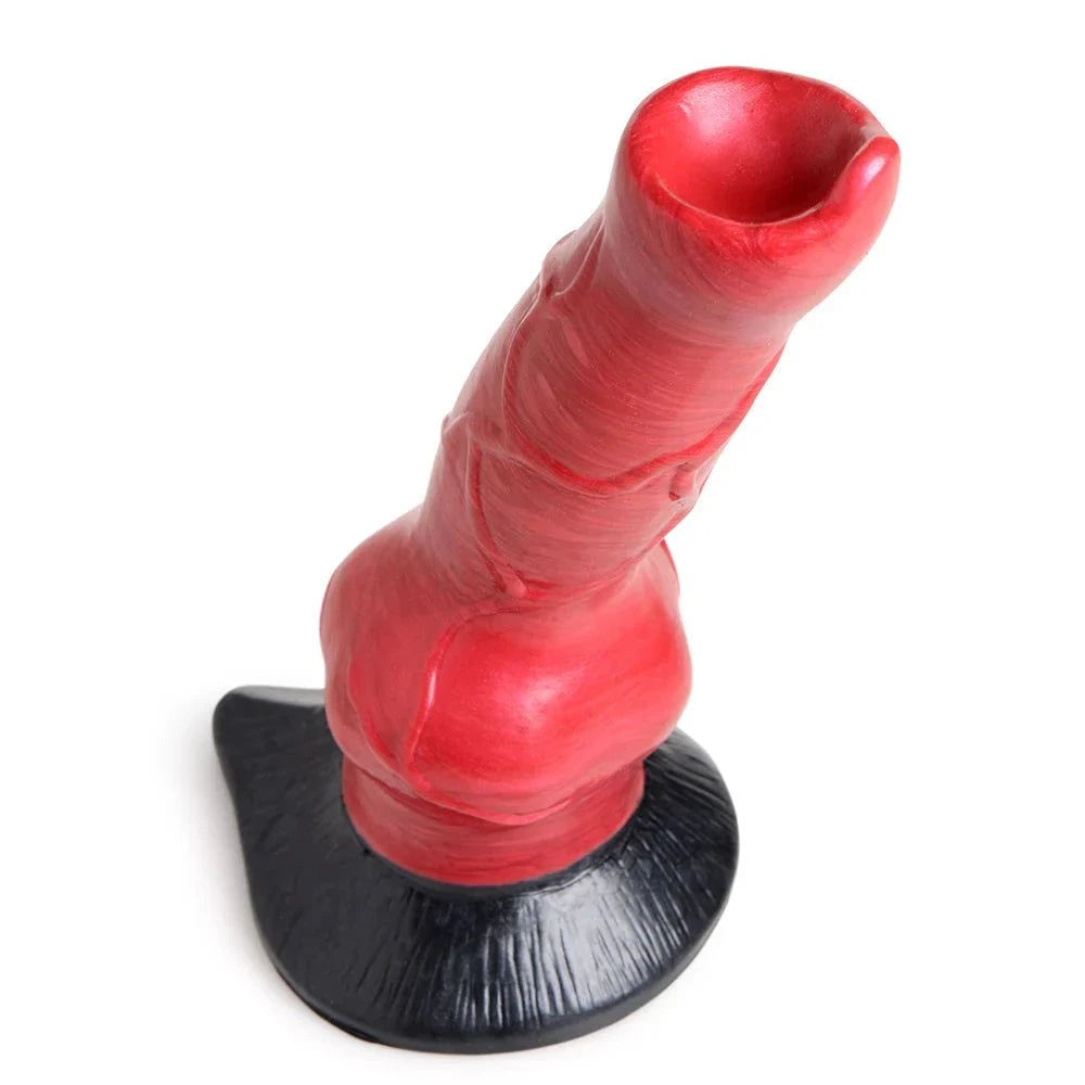 Creature Cocks Hell-Hound red silicone dildo with veined shaft and black base.