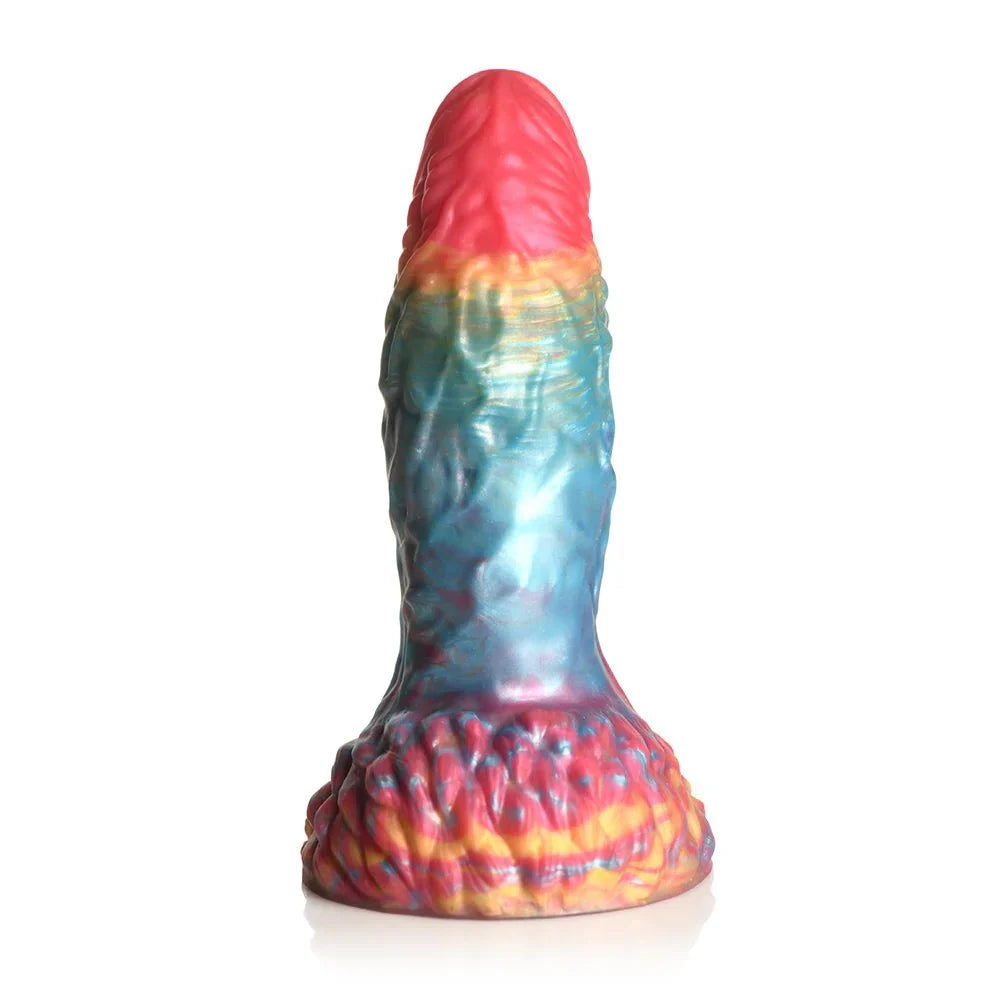 Creature Cocks Rainbow Phoenix Vibrating Silicone Dildo with suction cup base and vibrant colors.