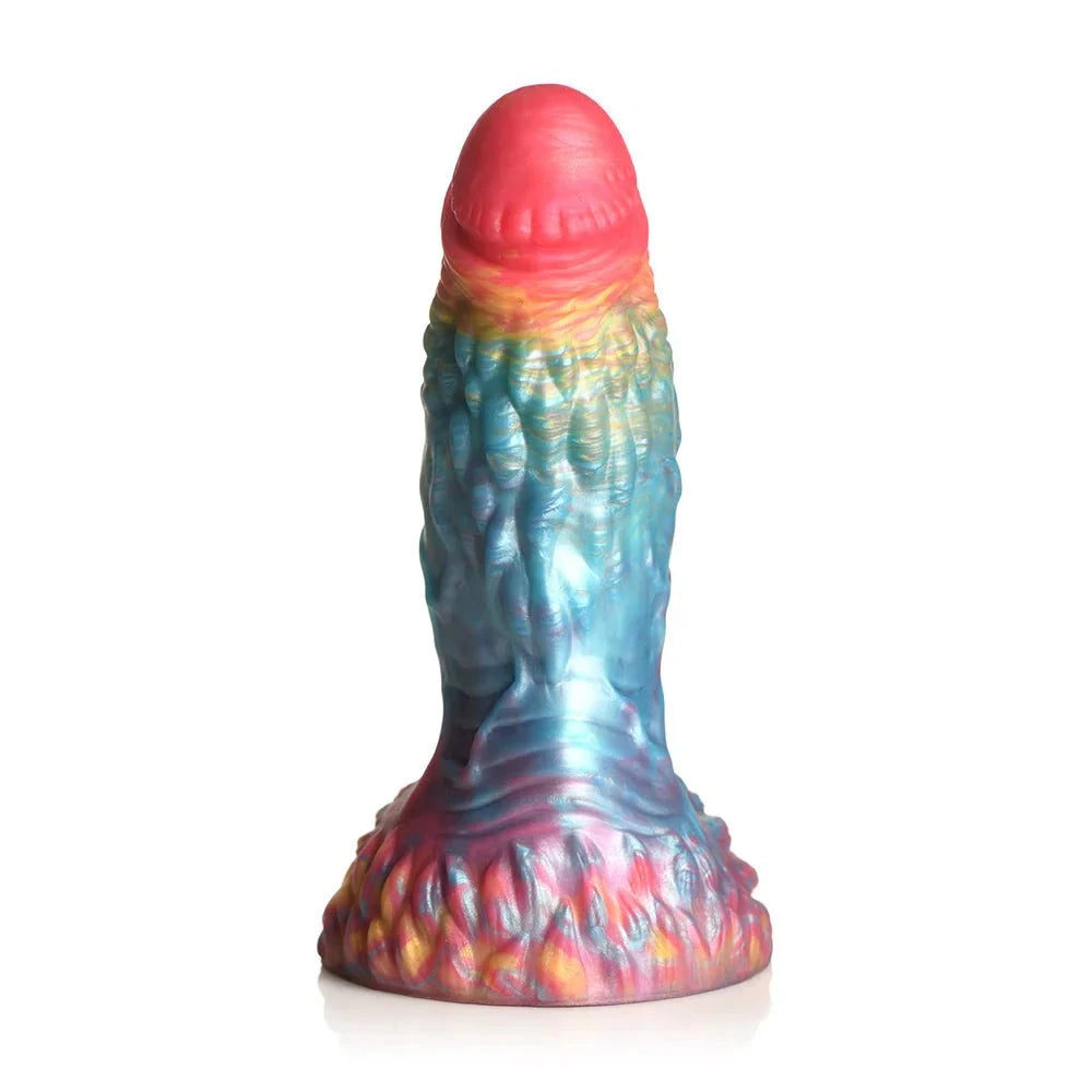 Colorful Creature Cocks Rainbow Phoenix Vibrating Silicone Dildo with textured design and wide base.