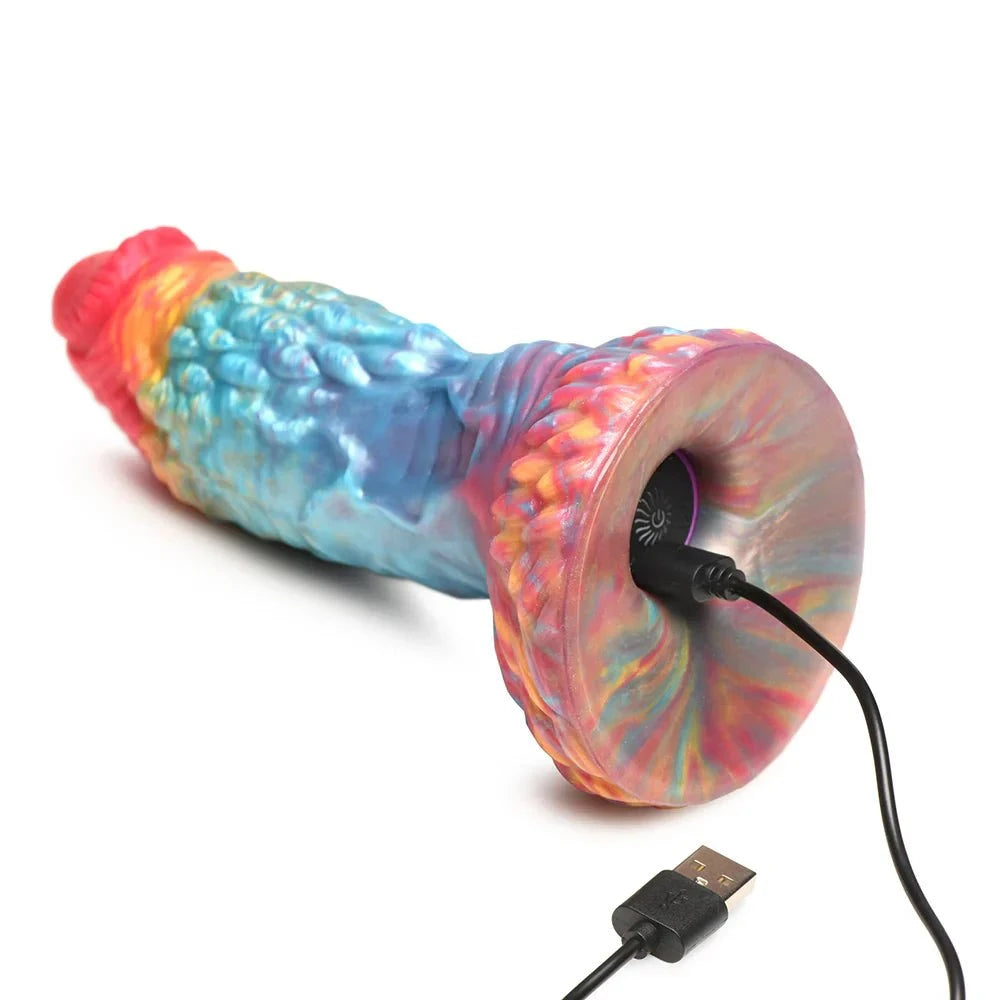 Colorful Creature Cocks Rainbow Phoenix Vibrating Silicone Dildo with USB cable.