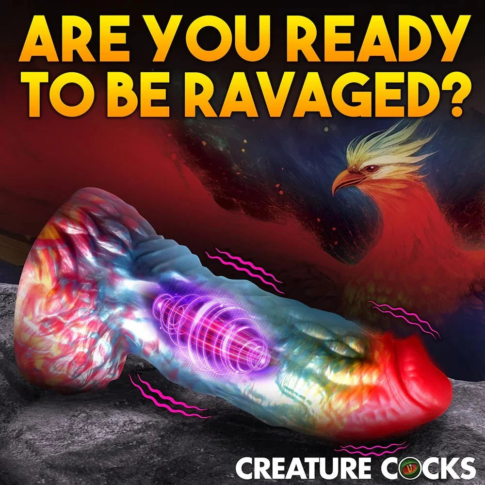Rainbow Phoenix Vibrating Silicone Dildo with iridescent colors and mystical texture.