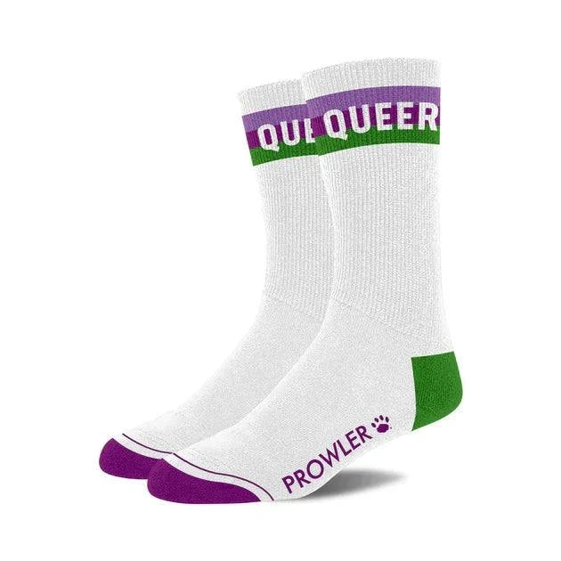 White Prowler Collection Premium themed socks with purple and green accents and bold lettering.
