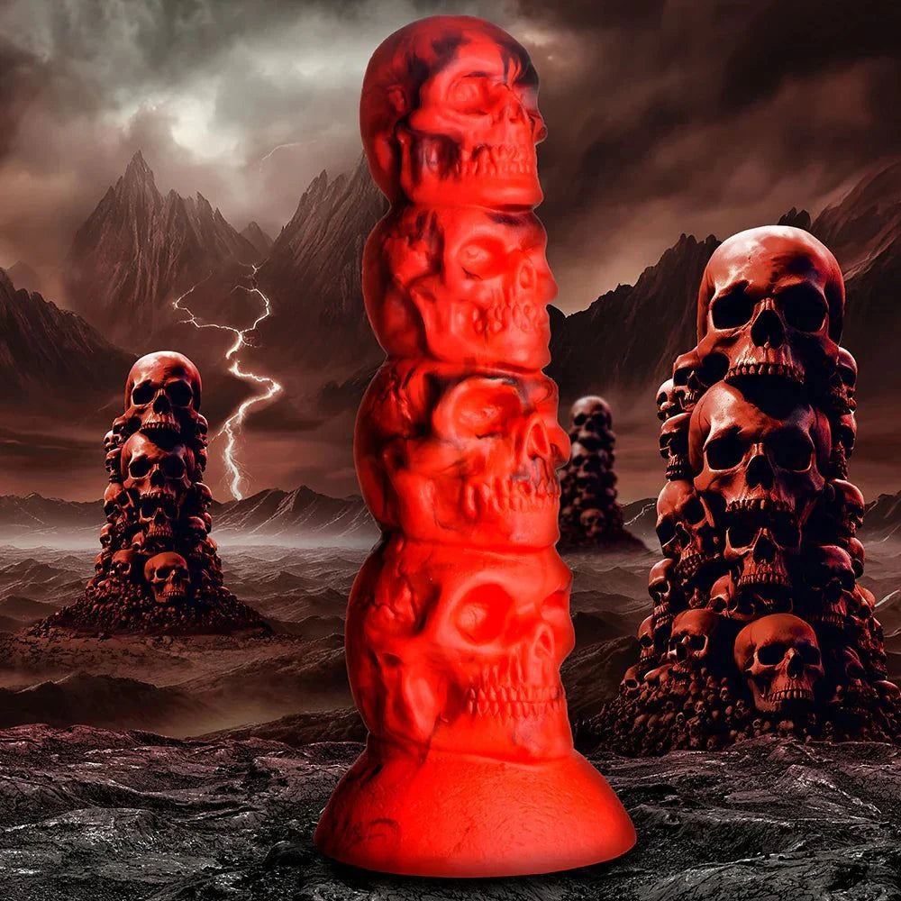 Creature Cocks Doom Silicone Dildo with red skull tower design, textured shaft, and suction cup base.