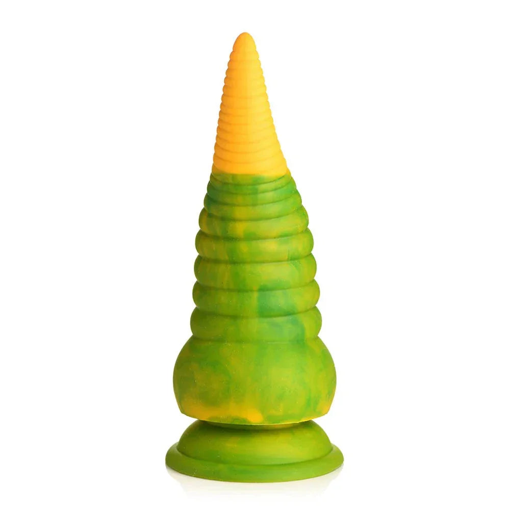 Creature Cocks Monstropus 2.0 vibrating tentacle silicone dildo with suction cup base in yellow and green colors.