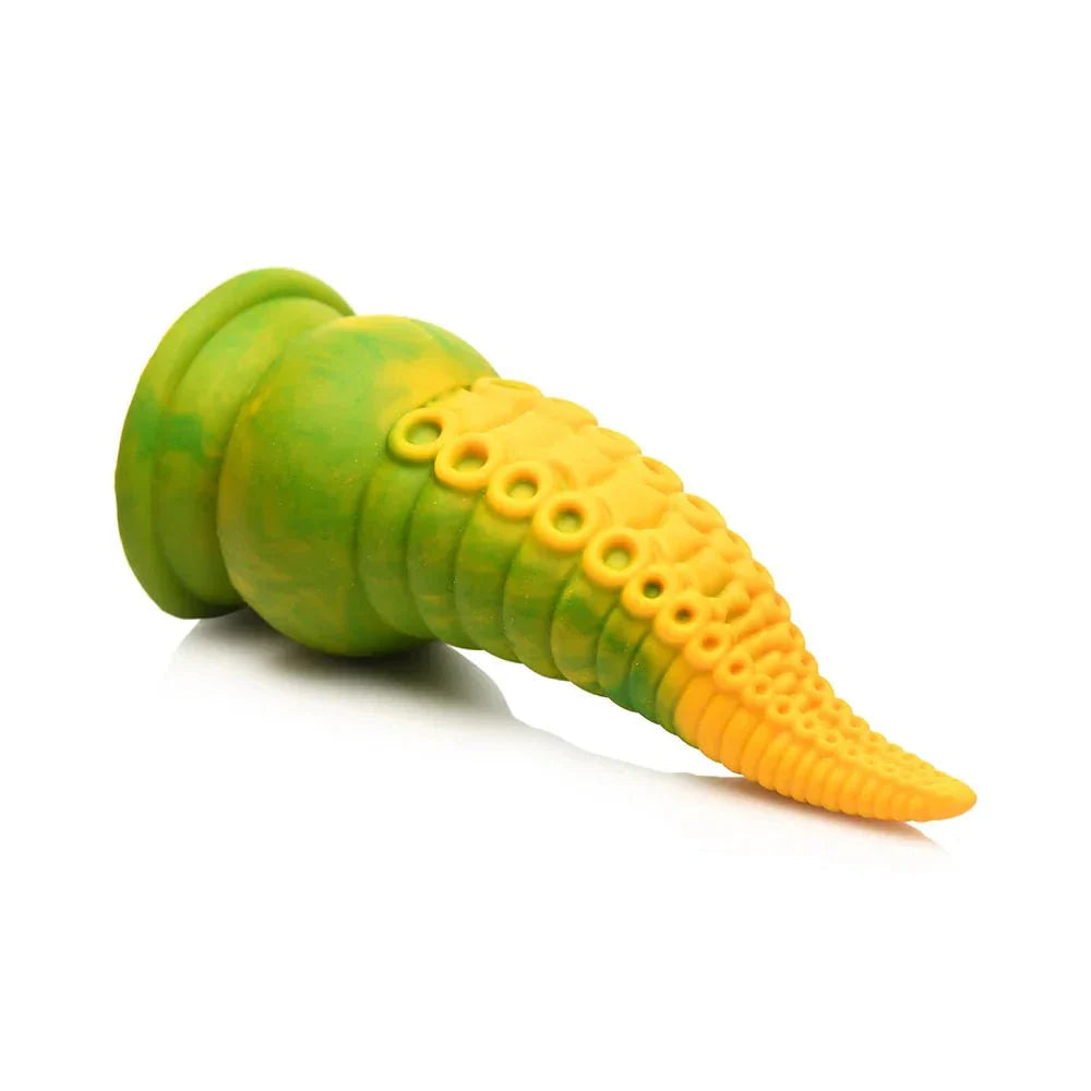Creature Cocks Monstropus 2.0 vibrating yellow and green silicone tentacle dildo with suction cup base and textured suckers.