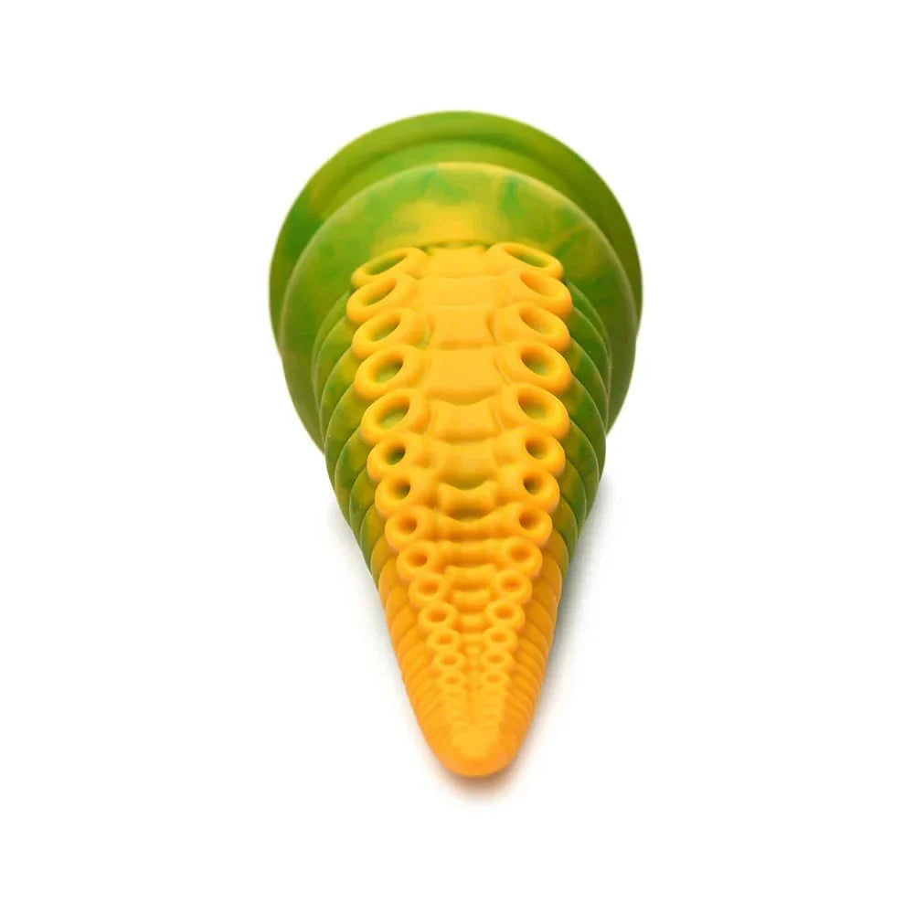 Creature Cocks Monstropus 2.0 yellow and green vibrating tentacle silicone dildo with textured suckers and suction cup base.