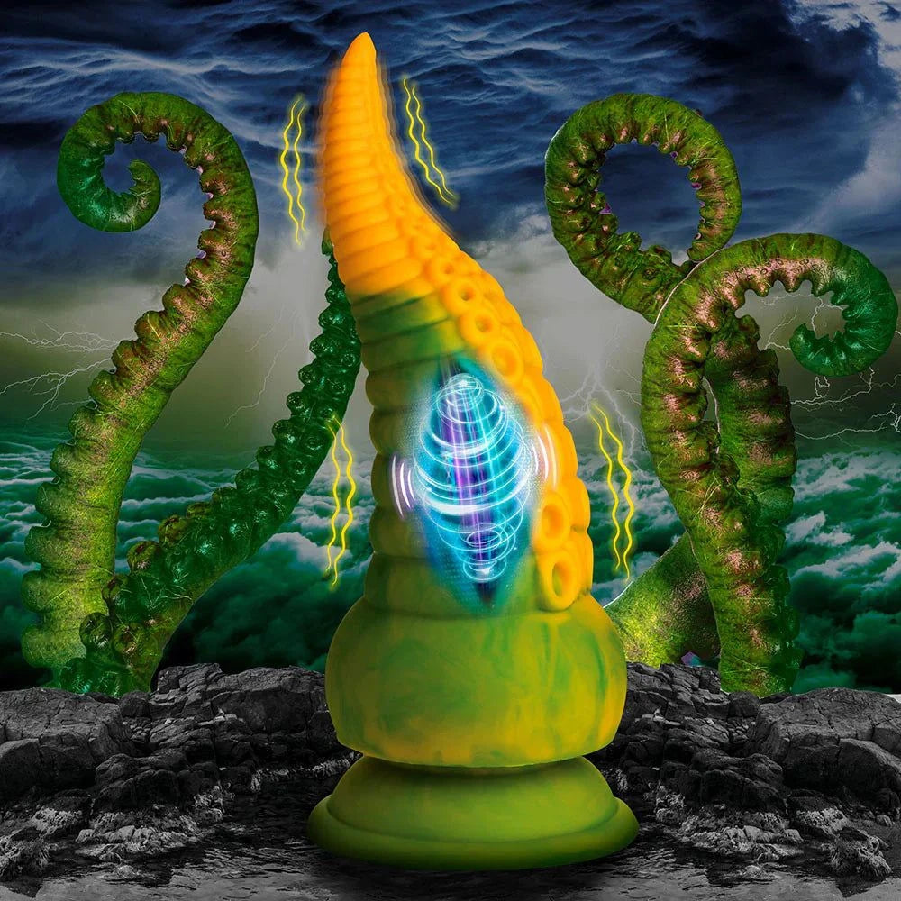 Vibrating tentacle silicone dildo with yellow and green design, featuring textured suckers and a strong suction-cup base for hands-free use.