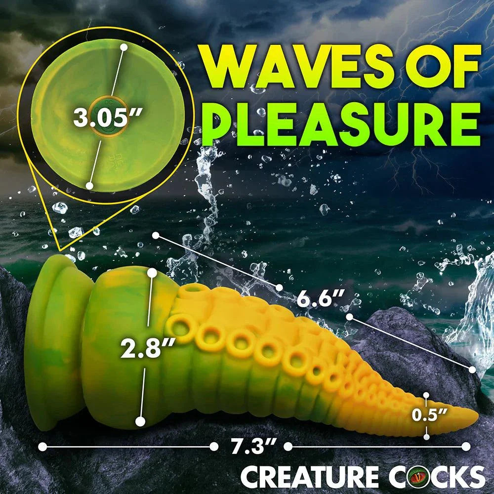 Creature Cocks Monstropus 2.0 vibrating tentacle silicone dildo in yellow and green with suction base and detailed measurements.