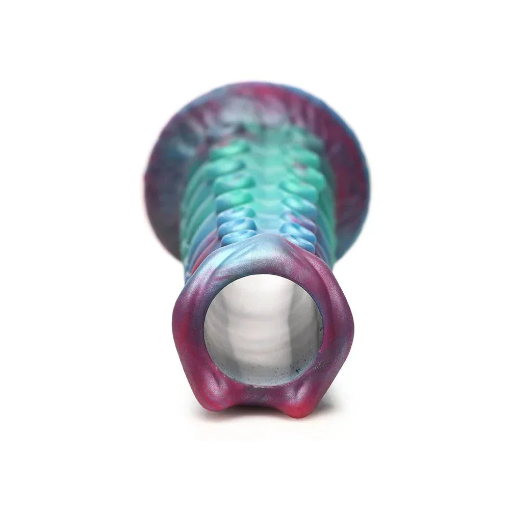 Creature Cocks Galactic Breeder Ovipositor Silicone Dildo in teal, red, and blue hues with textured bumps and open-mouth tip.