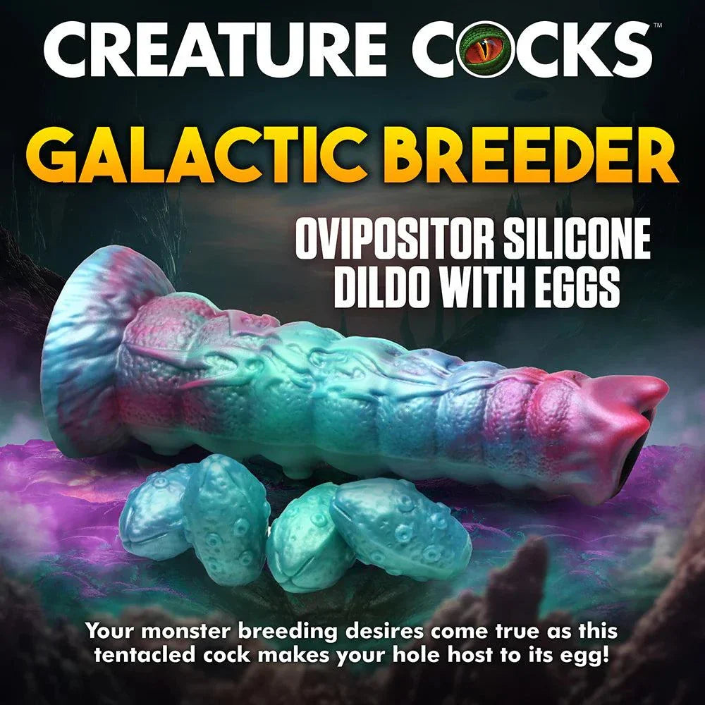 Creature Cocks Galactic Breeder Ovipositor Silicone Dildo with eggs in mystical teal, red, and blue hues.