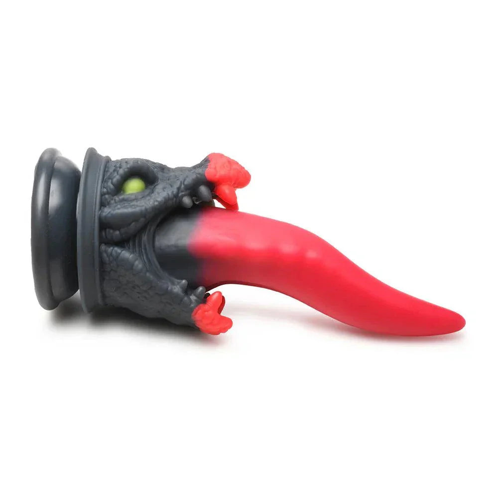 Creature Cocks Dragon Roar Silicone Dildo with black and red design, tapered tongue, and suction base.