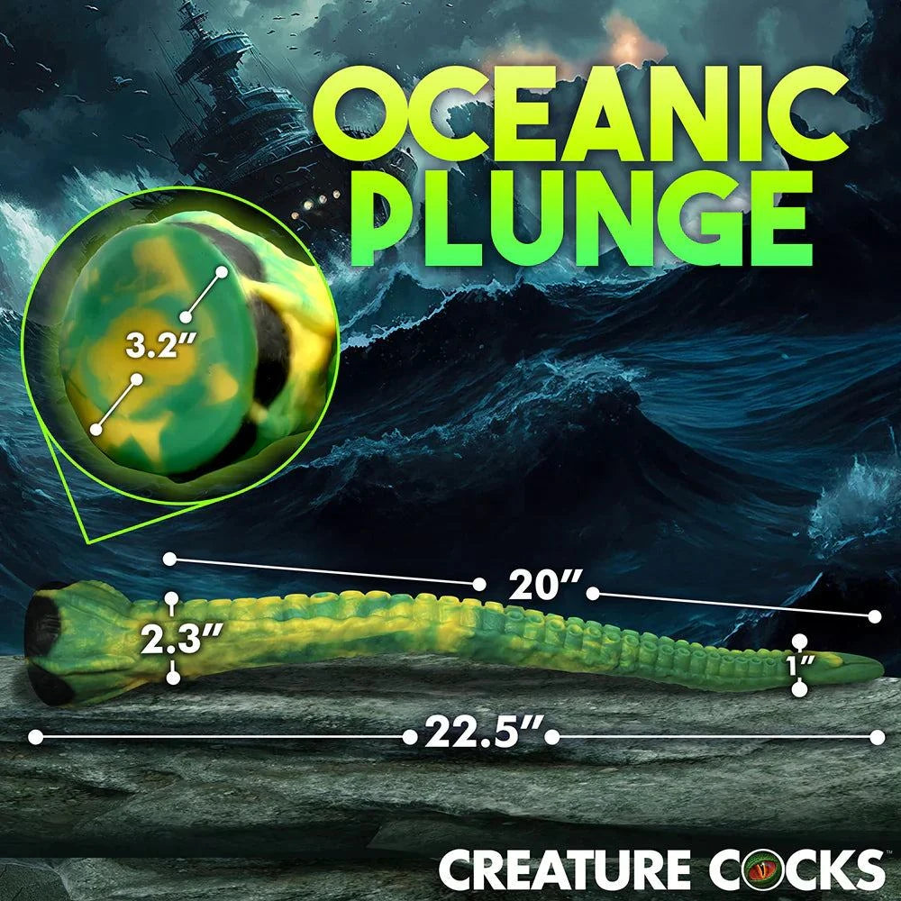 Creature Cocks Titan Tentacle extra long green and yellow silicone dildo with textured suckers and suction cup base measuring 22.5 inches