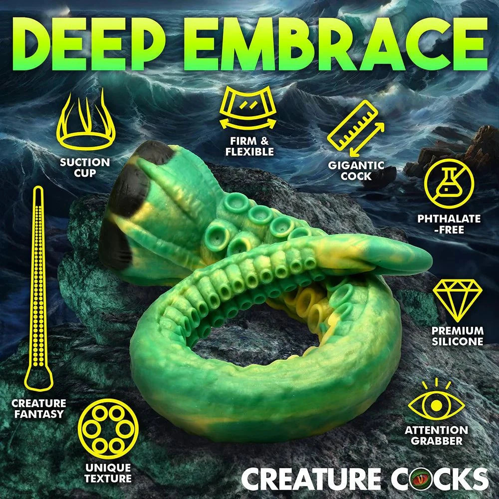 Green and yellow Creature Cocks Titan Tentacle extra long silicone dildo with suction cup and textured suckers for deep fantasy play