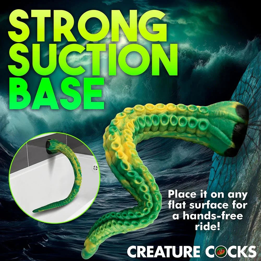 Extra long green and yellow silicone tentacle dildo with strong suction base for hands-free use by Creature Cocks Titan Tentacle