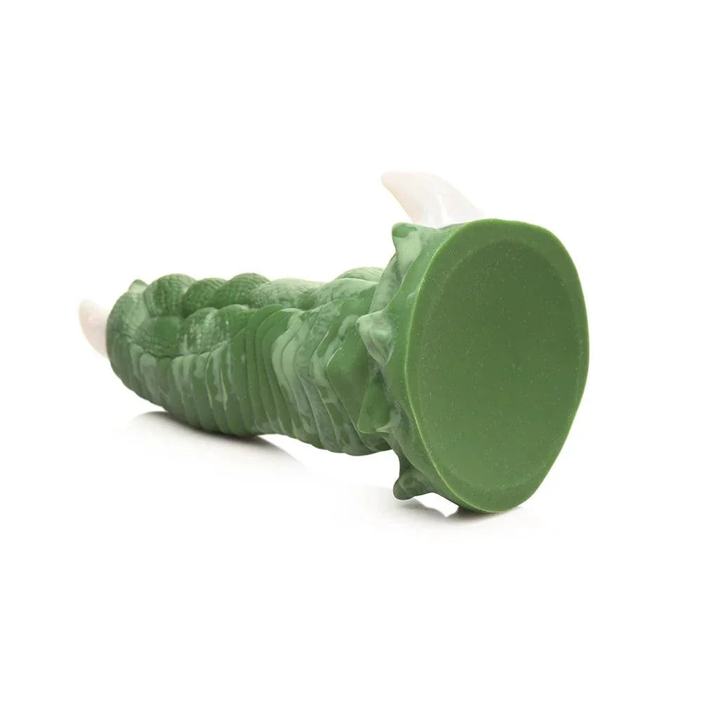 Creature Cocks Dragon Claw Silicone Dildo with ribbed scales, green texture, and strong suction cup base.