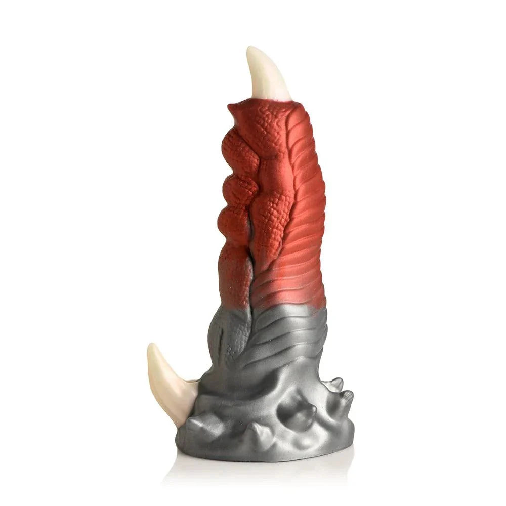 Creature Cocks Talon Silicone Dildo, dragon-inspired design, red and silver, ribbed texture, body-safe silicone, strong suction cup.