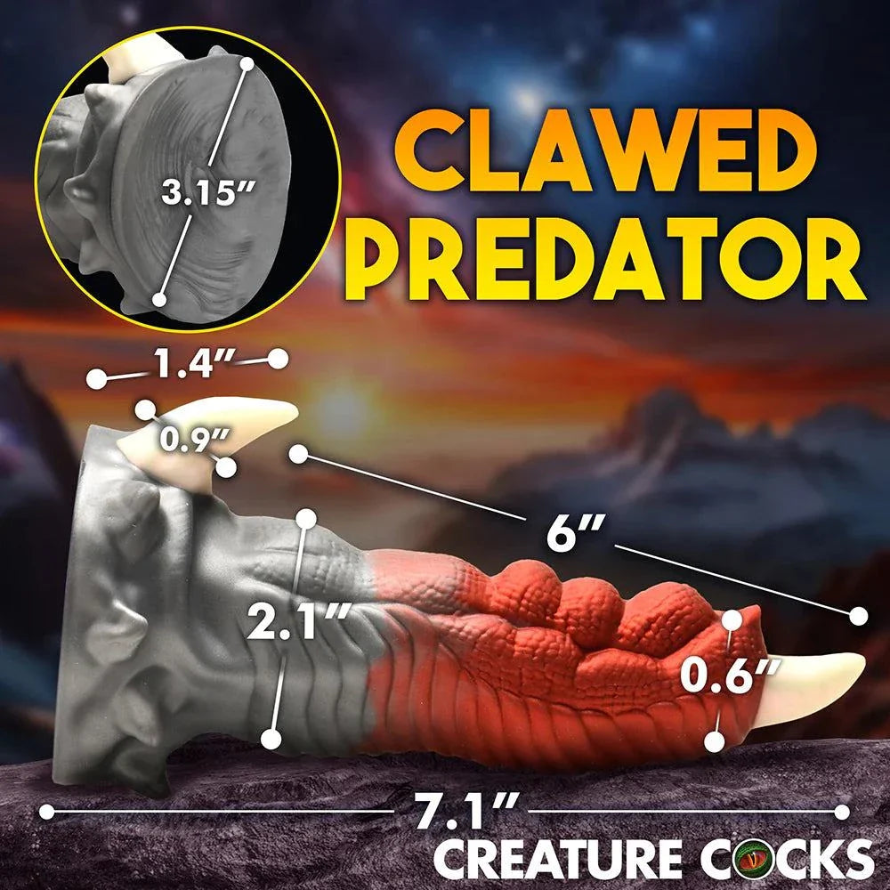 Creature Cocks Talon Silicone Dildo with dragon-inspired design, red and silver, textured ribbed surface, strong suction cup base, harness compatible.
