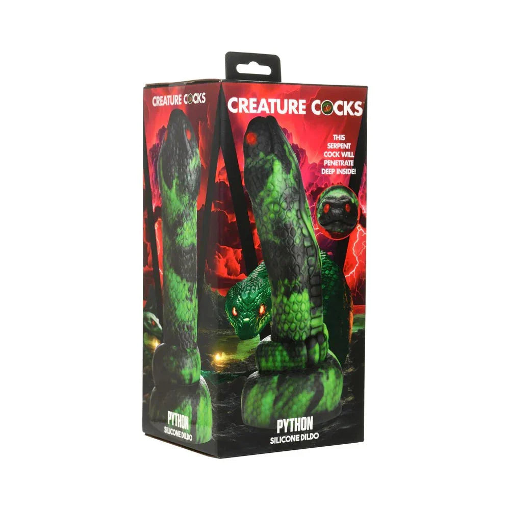 Creature Cocks Python Silicone Dildo packaging with fantasy-themed design, featuring red glowing eyes and black-green scales.