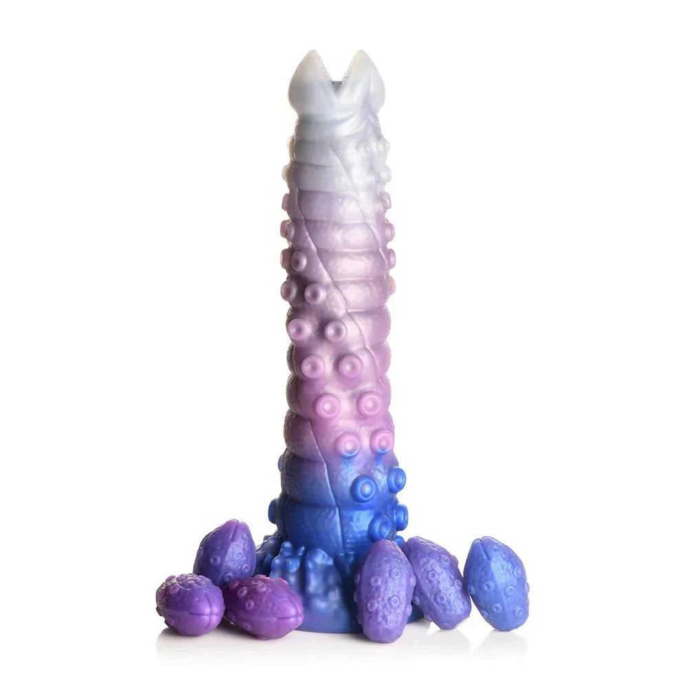 Creature Cocks Tenta-Queen Ovipositor Dildo with colorful silicone eggs and tentacle design.