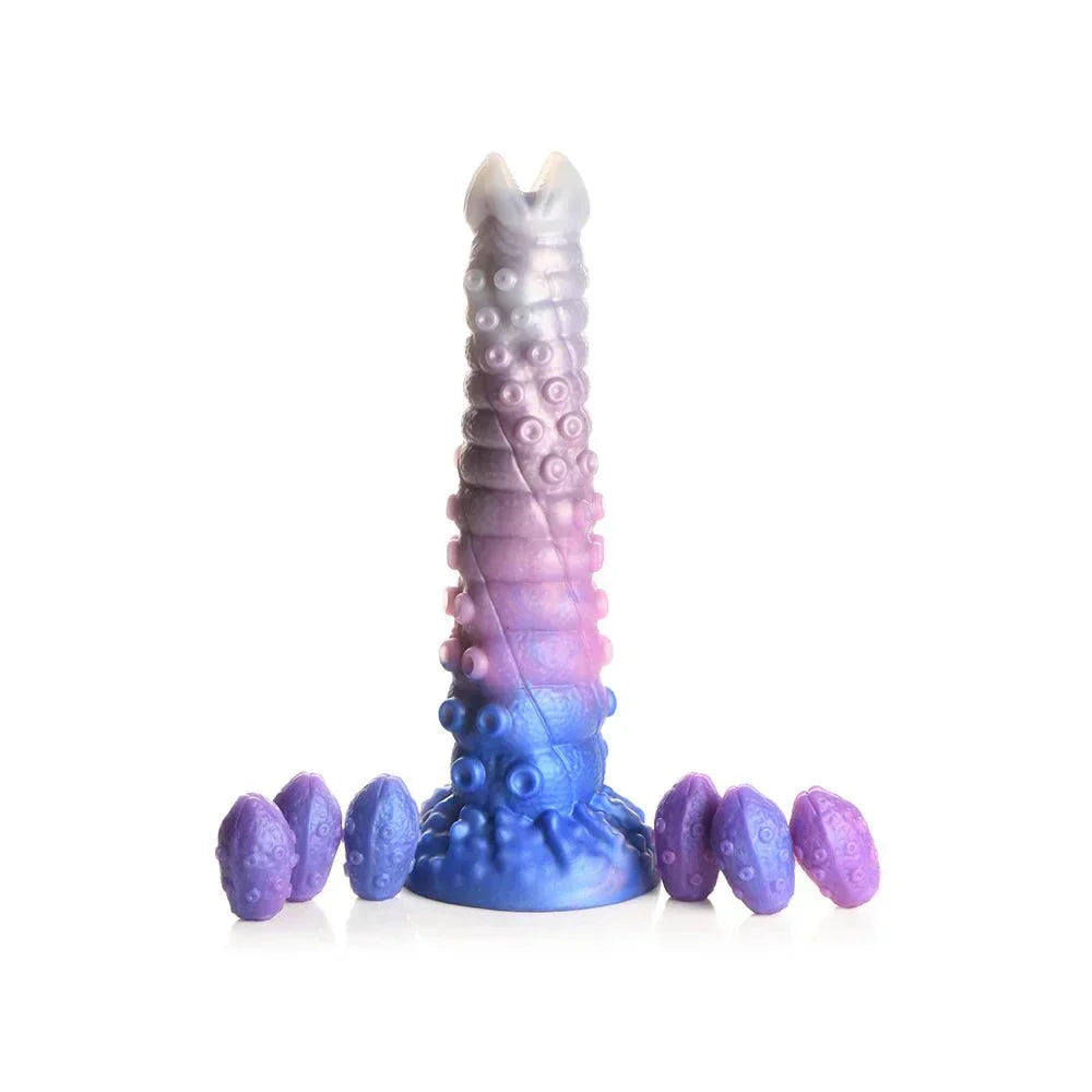 Creature Cocks Tenta-Queen Ovipositor Silicone Dildo with Purple and Blue Eggs, Tentacle Design, Fantasy Adult Toy.