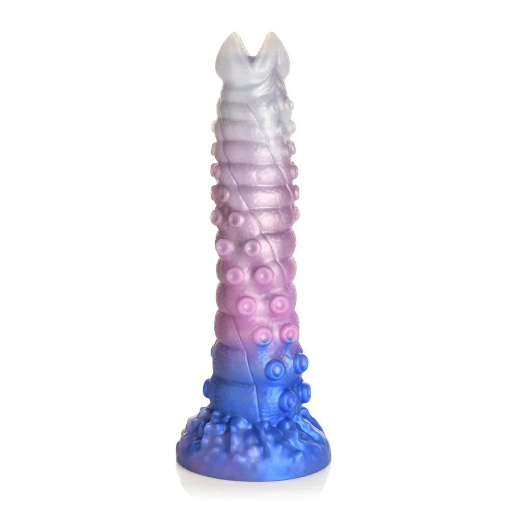Creature Cocks Tenta-Queen Ovipositor Silicone Dildo with Eggs in blue, pink, and white, featuring a ribbed tentacle design with suckers and an open mouth head.