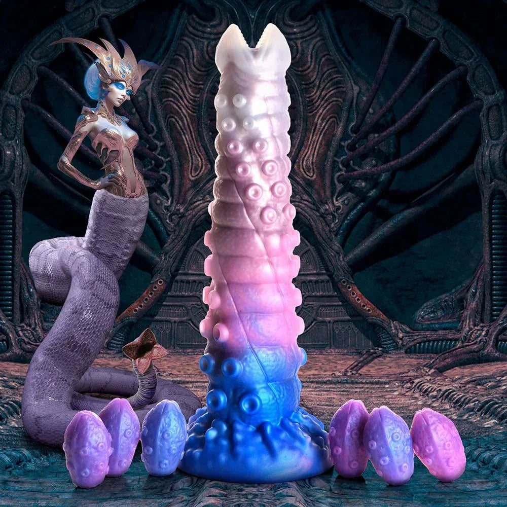 Creature Cocks Tenta-Queen Ovipositor Silicone Dildo with Eggs; fantasy-themed, ribbed tentacle design, vibrant colors, includes silicone eggs.
