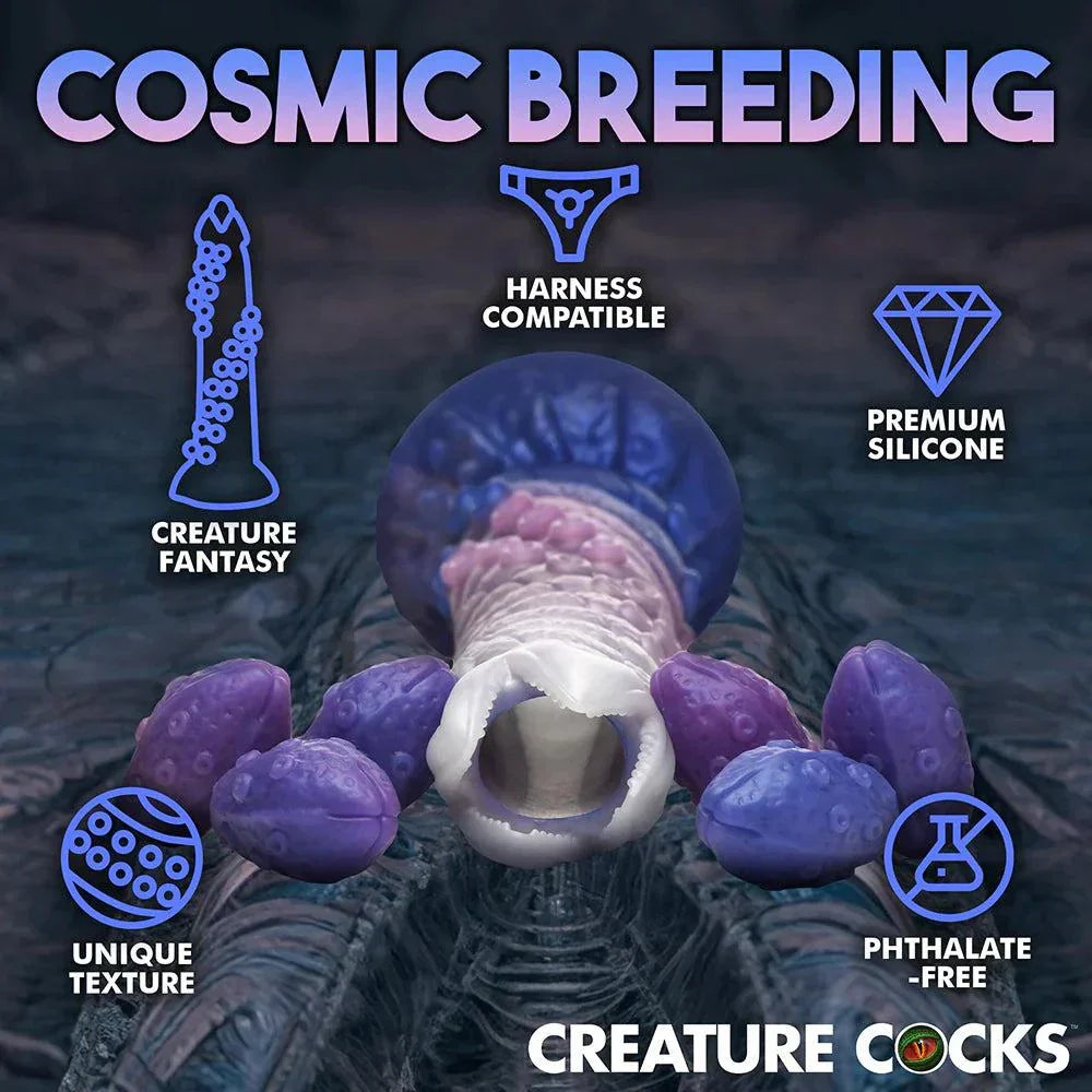 Creature Cocks Tenta-Queen Ovipositor Silicone Dildo with Eggs, featuring cosmic fantasy theme, harness compatibility, premium silicone, unique texture, phthalate-free design.