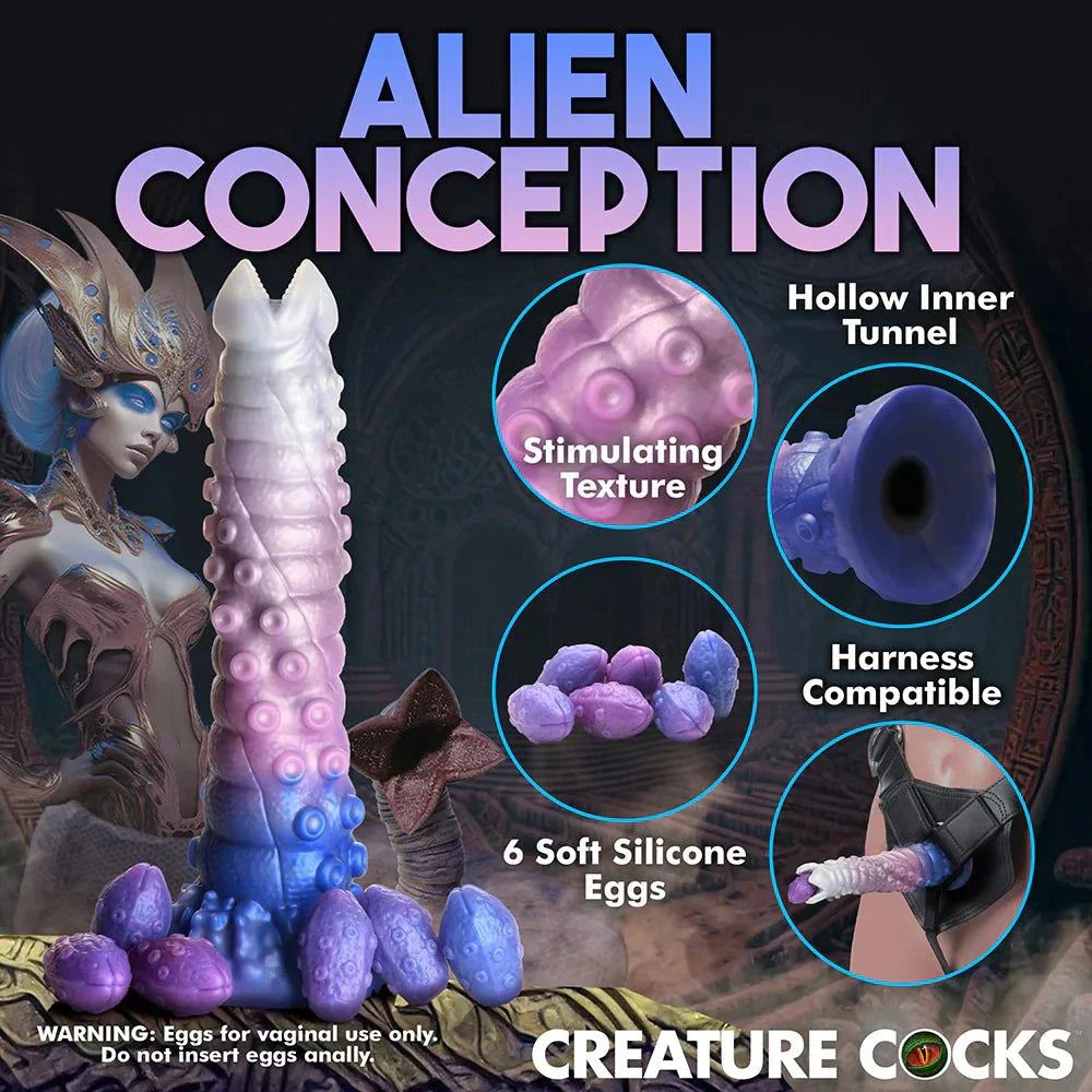 Creature Cocks Tenta-Queen Ovipositor silicone dildo with eggs in vibrant colors; features stimulating textures and harness compatibility for fantasy roleplay.
