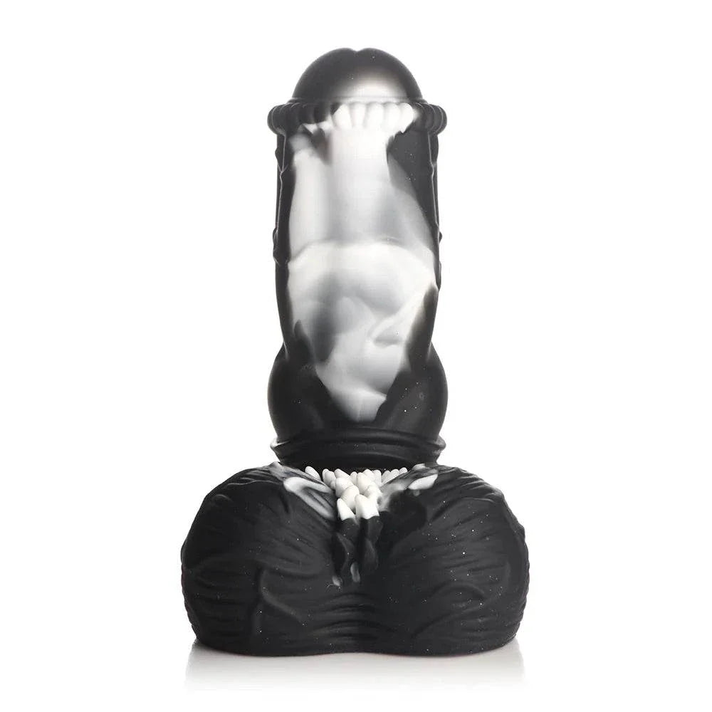 Creature Cocks Venom Silicone Dildo, fantasy-inspired black and white alien design, ribbed texture, suction cup base.