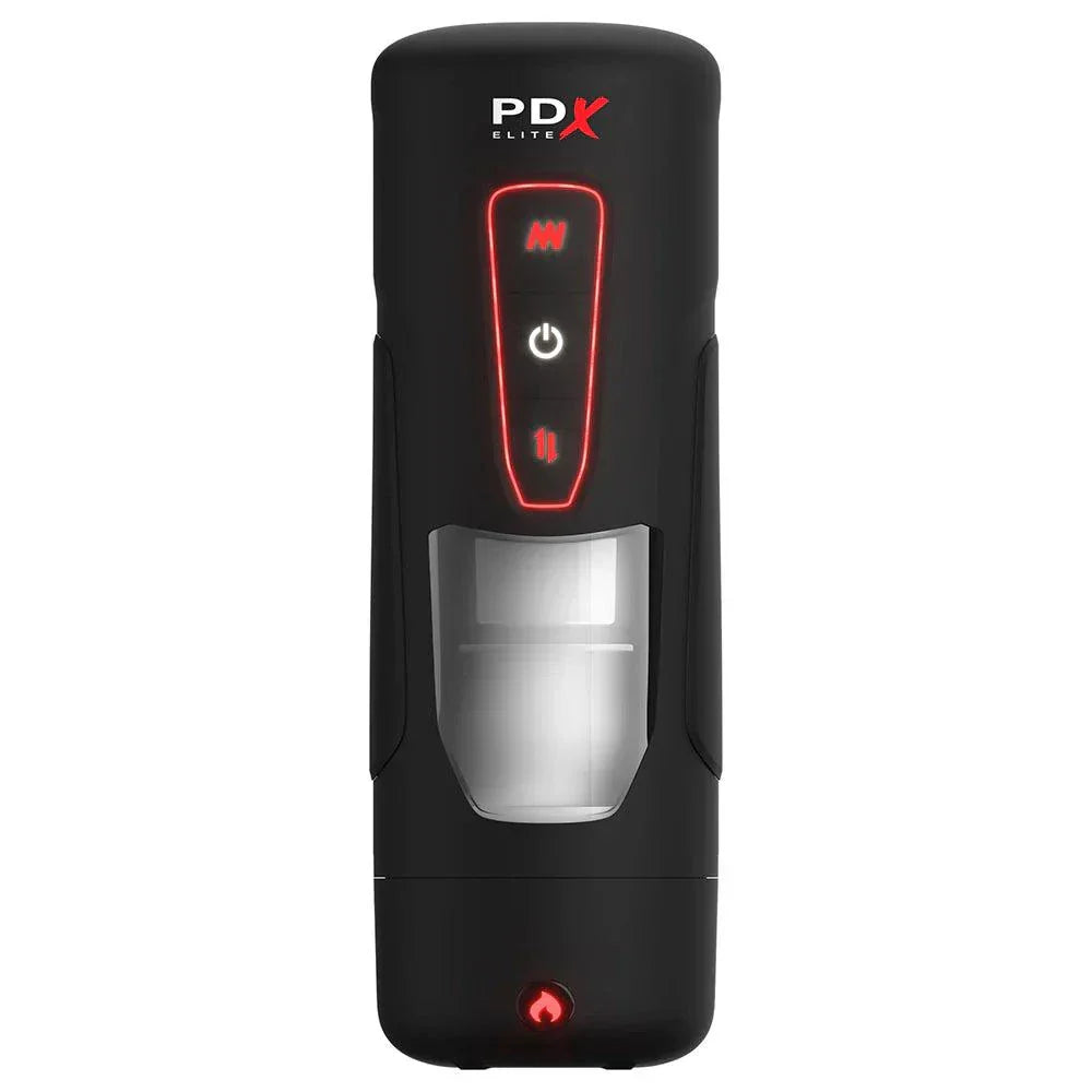 PDX Elite Milk Me Hotter automatic male stroker with hands-free thrusting, heating, vibration, and transparent window in black design