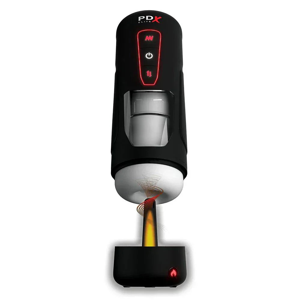 PDX Elite Milk Me Hotter hands-free male stroker with adjustable thrusting, warming base, and transparent window for interactive solo pleasure sessions