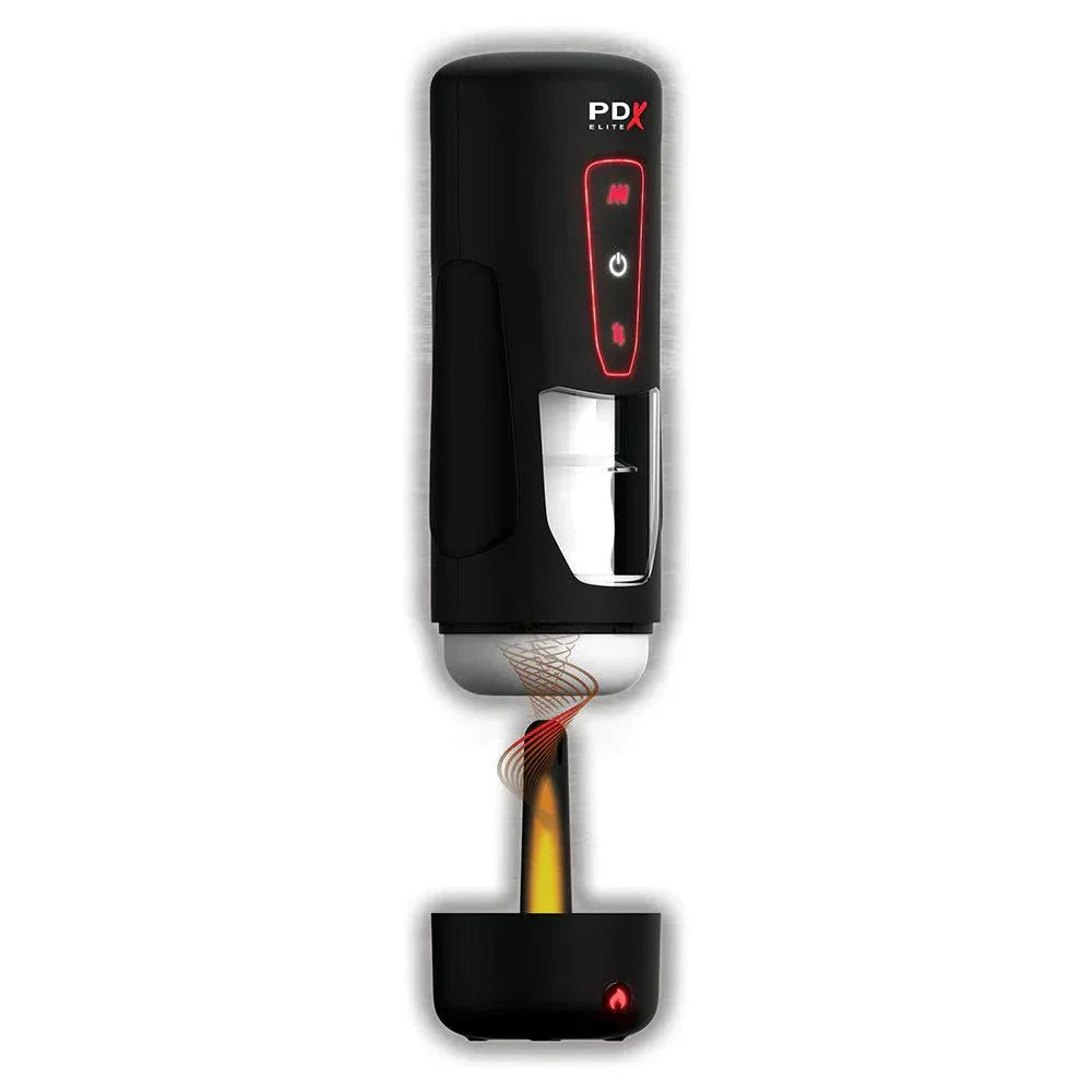 Black PDX Elite Milk Me Hotter hands-free male stroker with transparent window and warming base.