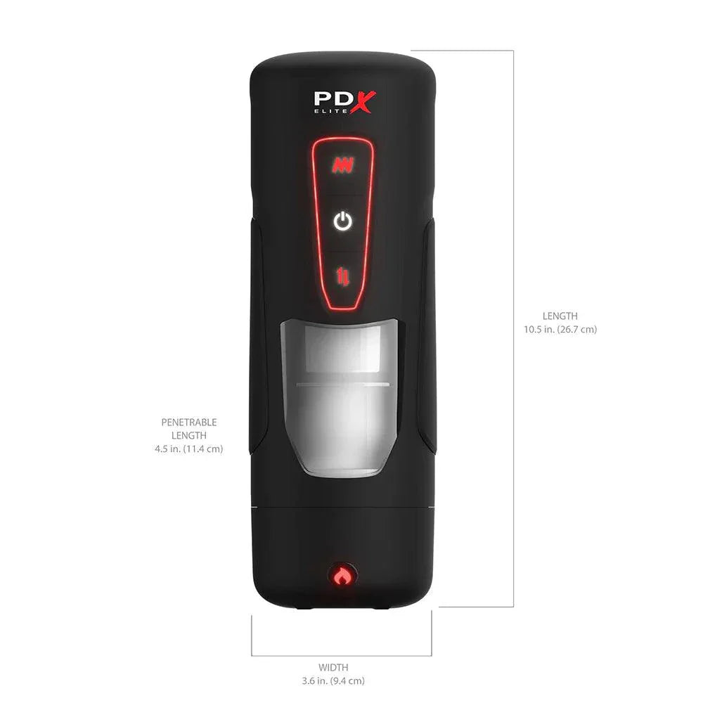 PDX Elite Milk Me Hotter male masturbator with hands-free thrusting, warming, vibrating, transparent window, and USB-C rechargeable design.