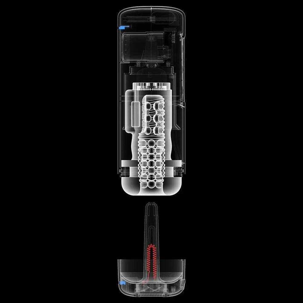 Transparent internal view of the PDX Elite Milk Me Hotter automatic male stroker showing its ultrasoft textured interior and thrusting mechanism.