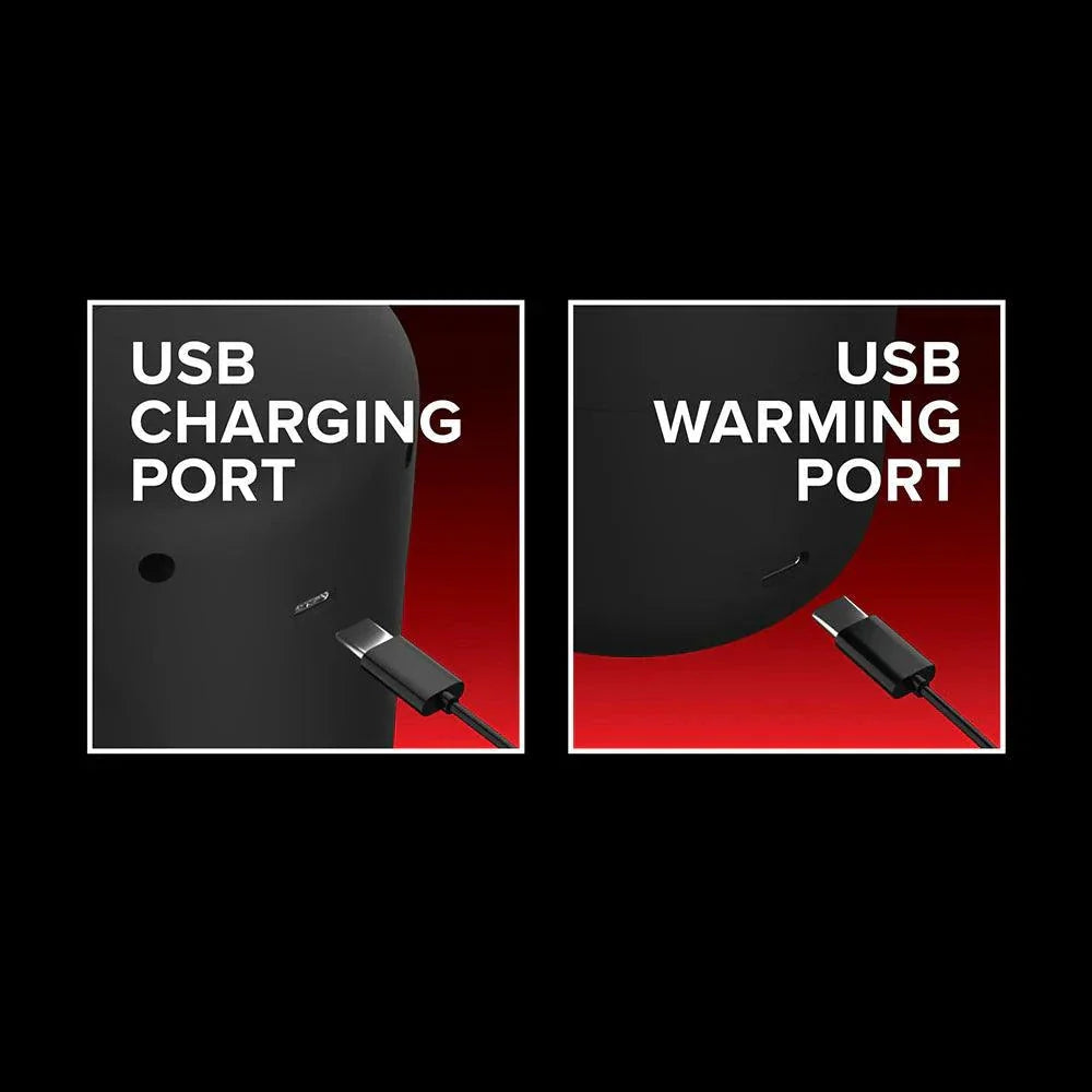 Close-up of PDX Elite Milk Me Hotter device showing USB charging port and USB warming port details on a black and red background