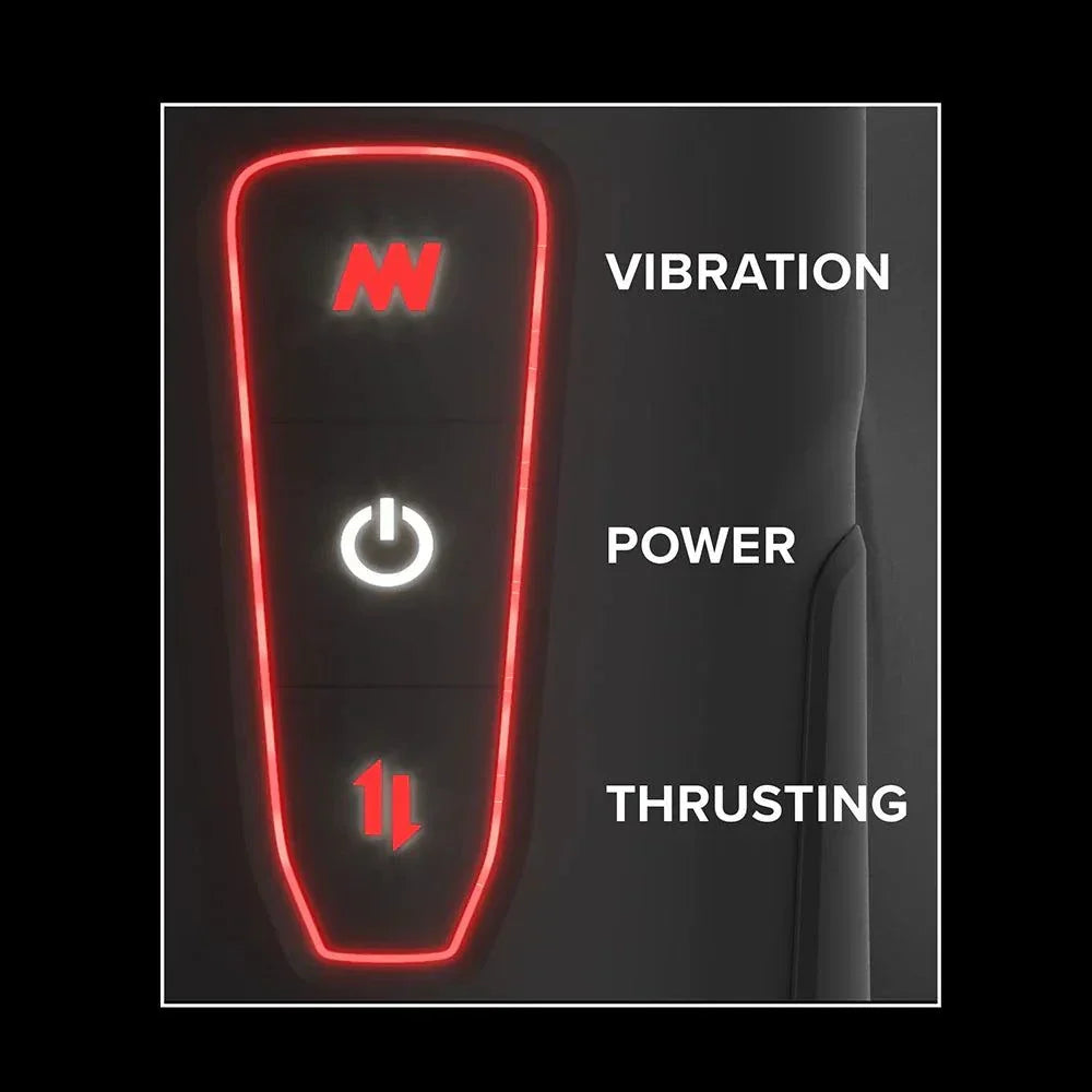 Close-up of control panel for PDX Elite Milk Me Hotter showing vibration, power, and thrusting buttons with red LED outlines