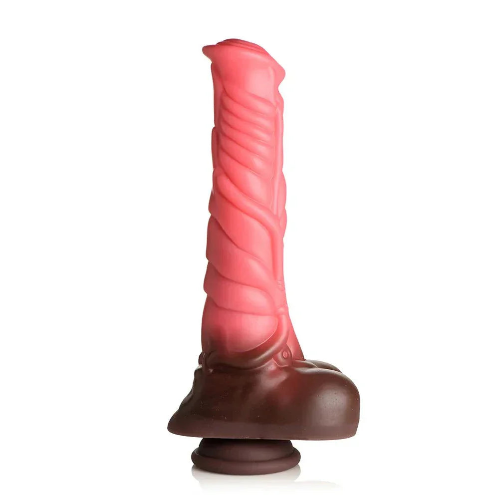 Thrusting vibrating silicone centaur dildo with remote, peach-colored shaft, suction base.