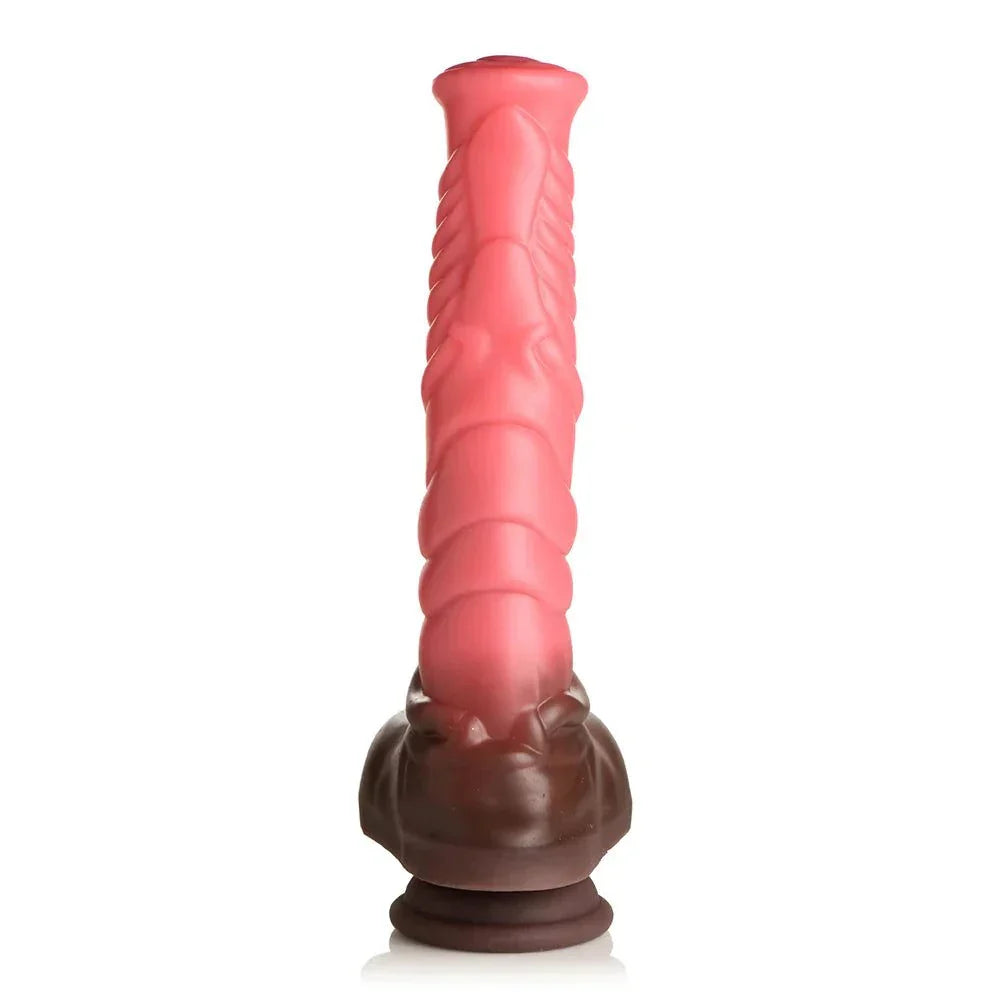 Creature Cocks Centaur thrusting vibrating silicone dildo with remote control, peach-colored shaft with ridges, suction-cup base.